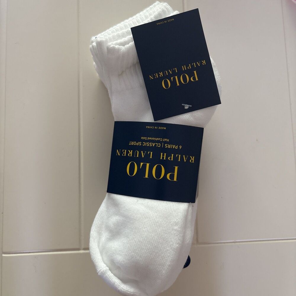 Polo RALPH LAUREN Men's White Socks 6 Pairs CLASSIC SPORT Ankle Sock Size 10-13